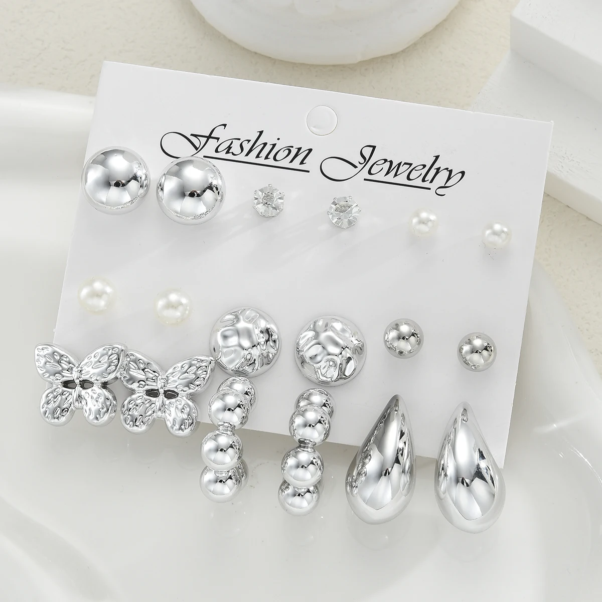 9 Pairs Bohemian Butterfly Earring Set for Women Silver Color Pearl Zircon Geometric Water Drop Earrings Daily Wear Jewelry Gift