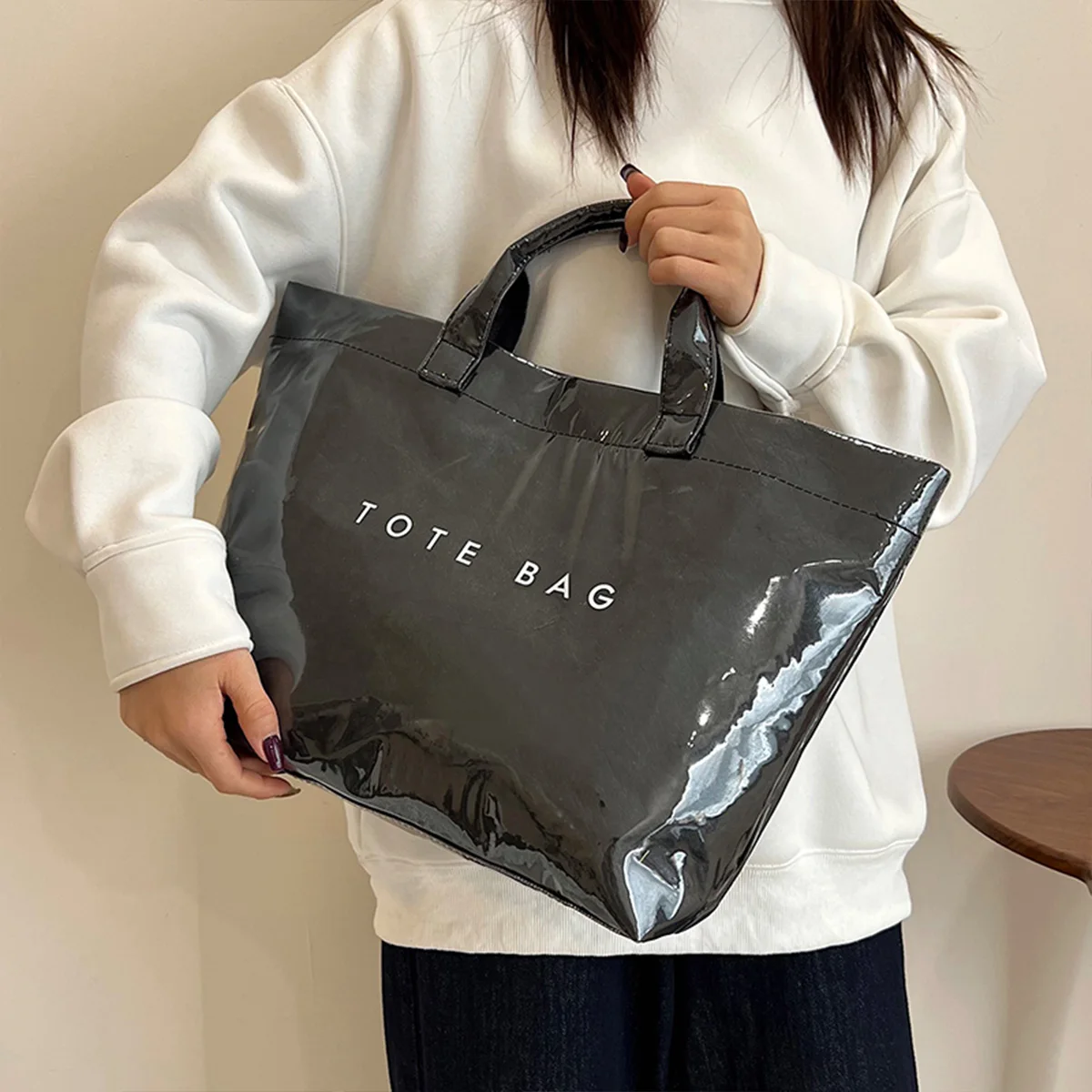 

Minimalist Women Handbag Solid Letter Clear PVC Large Capacity Handbag DuPont Paper Versatile Tote Bag for Commute Shopping