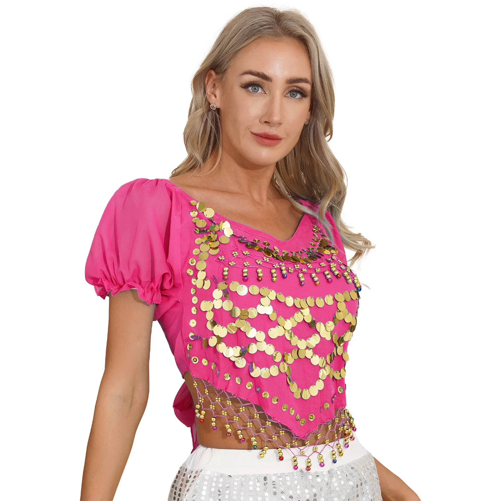 Womens Dancewear Belly Dance Sequined Beaded Tops Short Puff Sleeve Irregular Hem Crop Top for Stage Performance Halloween Party