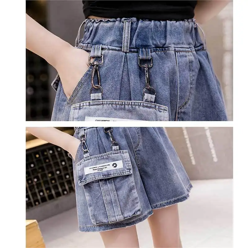 2024 New Elastic High Waist Women Summer Fashion Casual Solid Color Detachable Pockets Ruched Wide Leg Safari Style Denim Shorts