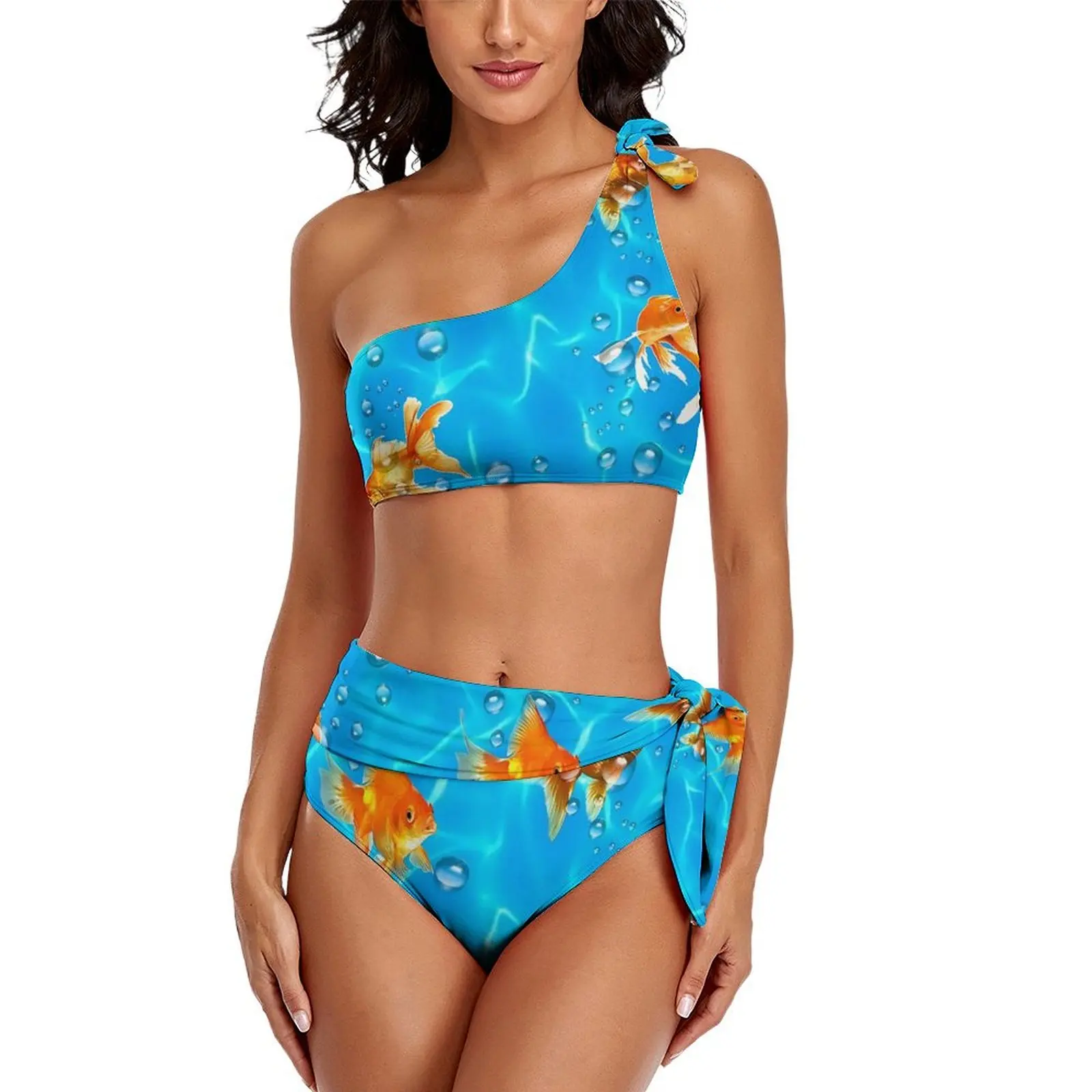 Bikini imprimé poisson rouge, maillot de bain femme, taille haute, sexy, ensemble deux pièces