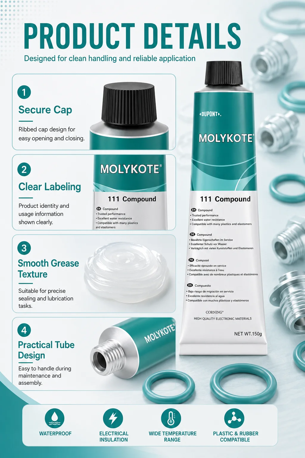 Original Molykote 111 Silikonfett Wasserdichtes Dichtmittel für O-Ringe Ventilschmiermittel 50g 150g – Detail 6