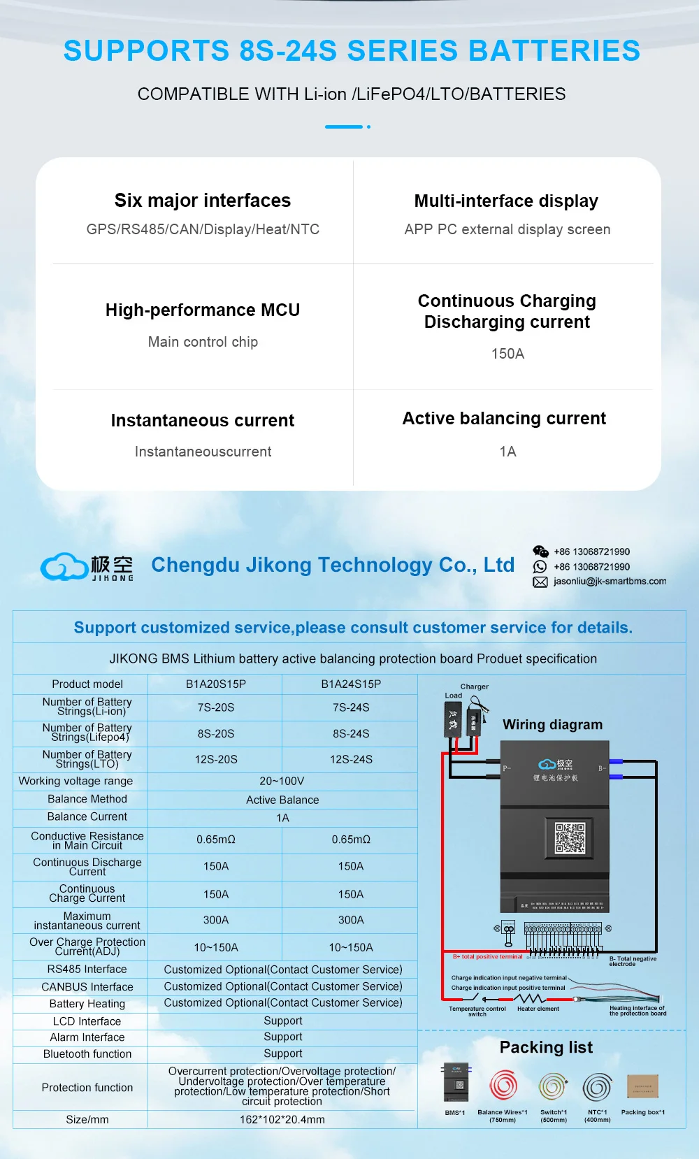 JIKONG BMS B1A20S15P 1A Ausgleichsstrom-BMS 150A BT 36V 48V 60V Li-Ion LTO 18650 Batterie Lifepo4 Batteriespeicher Bluetooth BMS – Detail 2