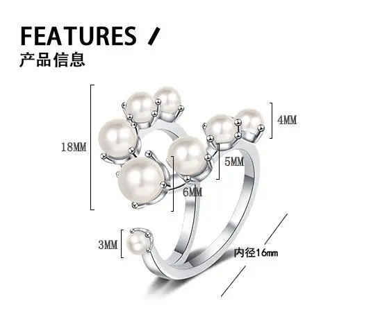 925 prata esterlina pérola forma geométrica tamanho ajustável 6-8 anéis de dedo moda platinado jóias para presente feminino j9464