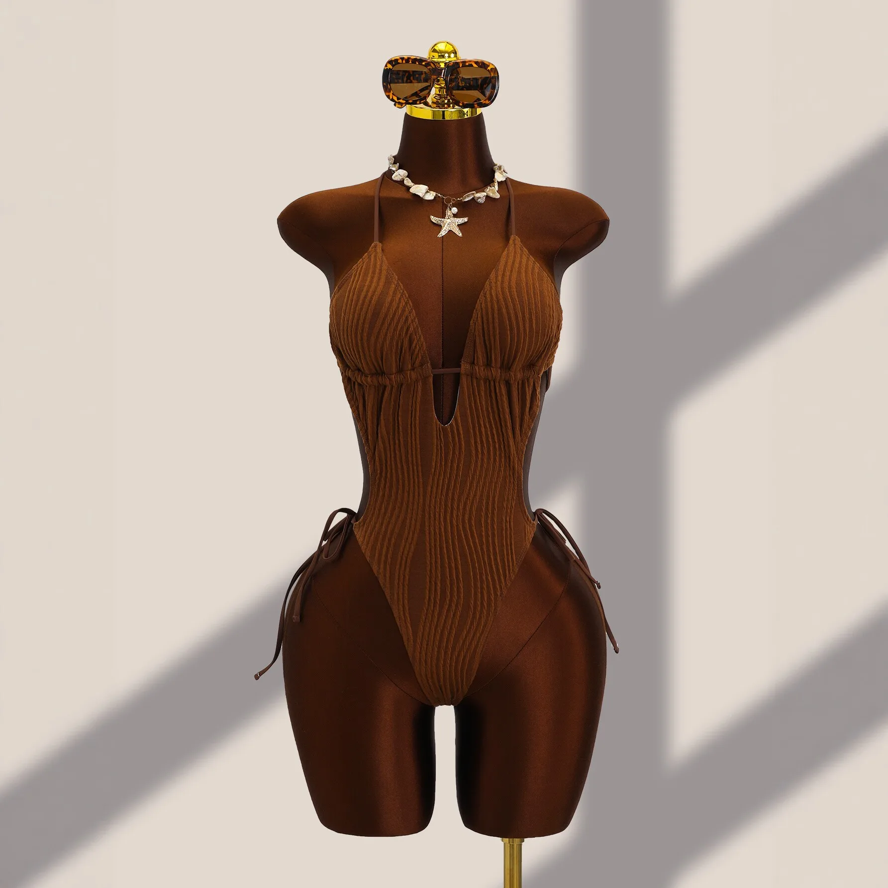 Women Textured Ribbed One Piece Suits Swimsuit Knit Fabric Halter Tie Strap Deep V Front Cutout High Cut Leg Slimming Monokini
