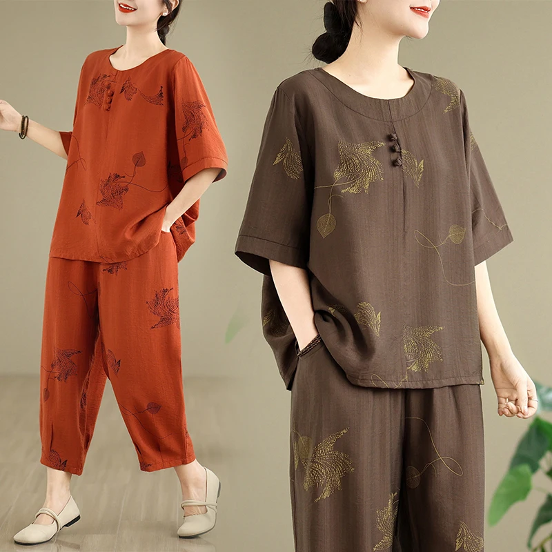 

Свободный комплект из футболки и широких брюк в корейском стиле, большие размеры, женский, весна-лето, новый принт, повседневный наряд, рубашка.