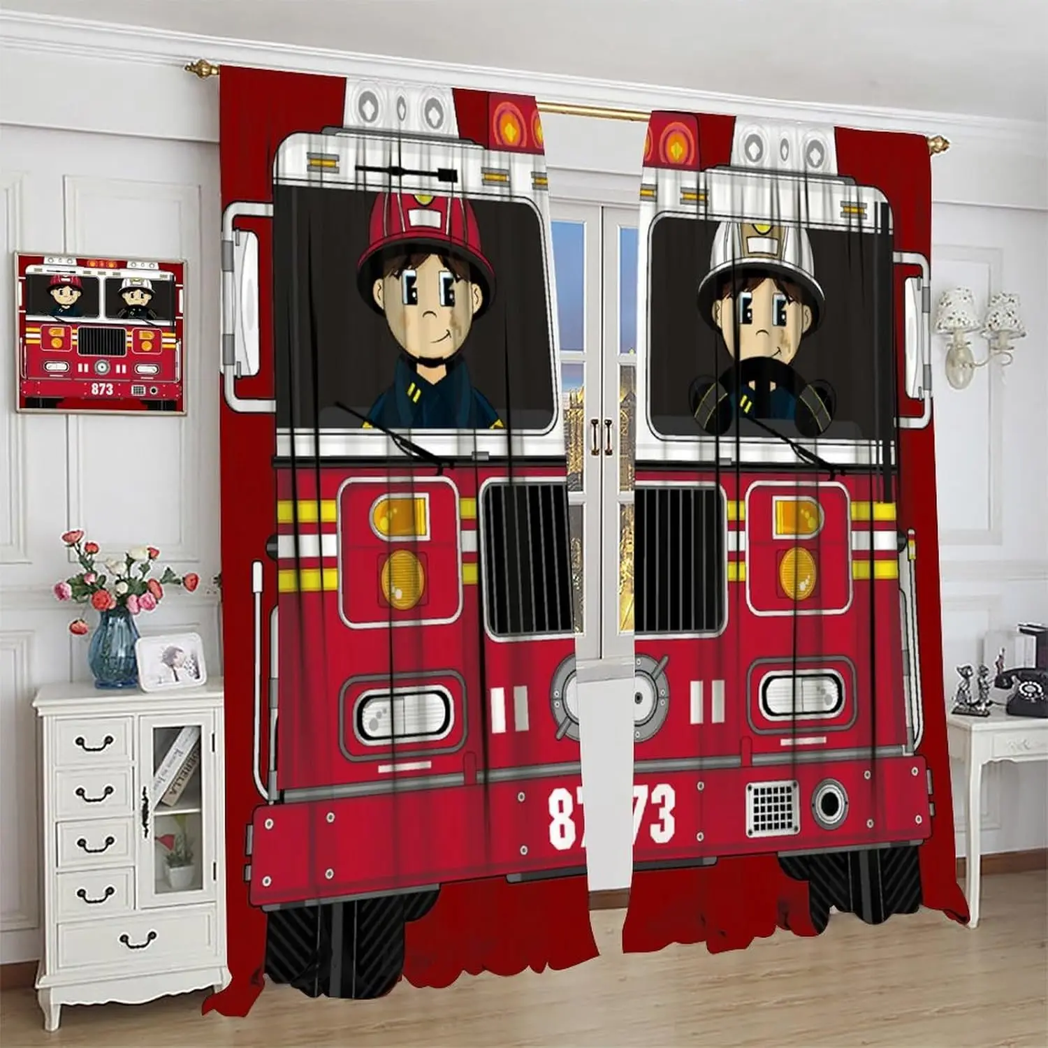 3D Fire Truck Curtains,Cartoon Fire Engine Curtains Black Red Firemen Car Window Curtains for Bedroom Fire Fighting Room Bedroom