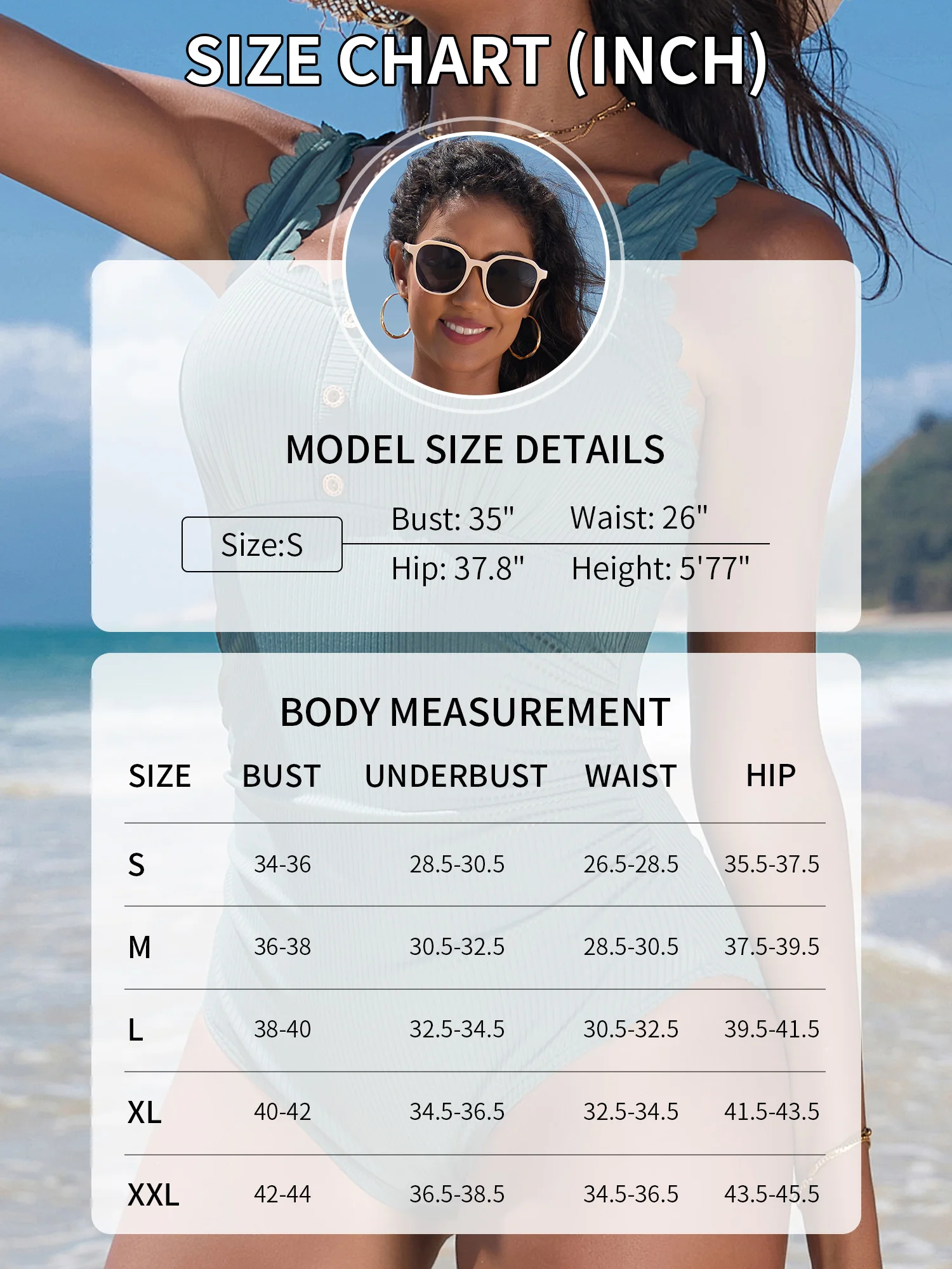 Anfilia Women Scalloped Ribbed One-Piece Tummy Control Swimsuit Button-Down Bathing Suit