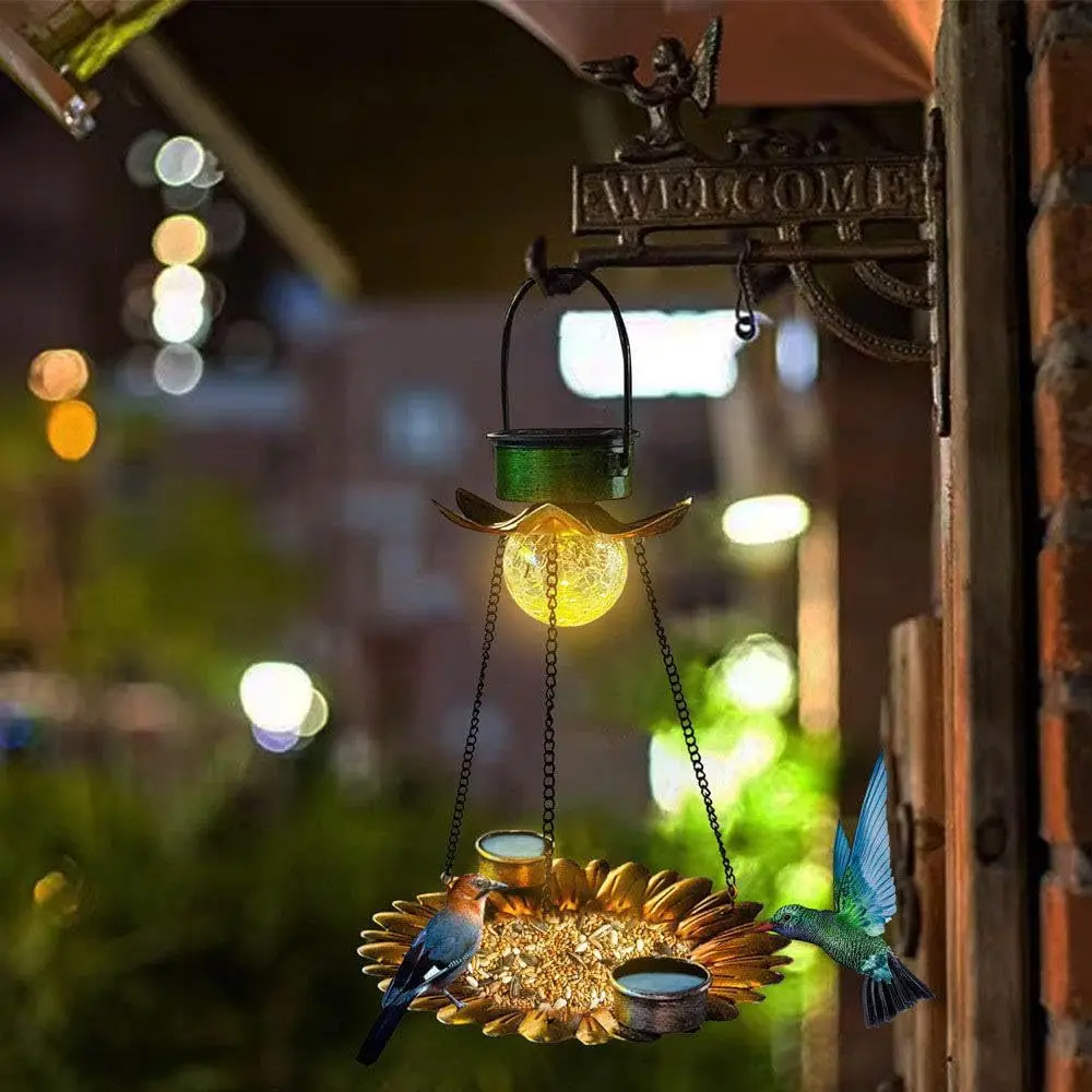 

Свет для кормушки для птиц на солнечной энергии, уличный подвесной металлический диспенсер для воды для колибри, автоматическое кормление, атмосферный свет для отдыха