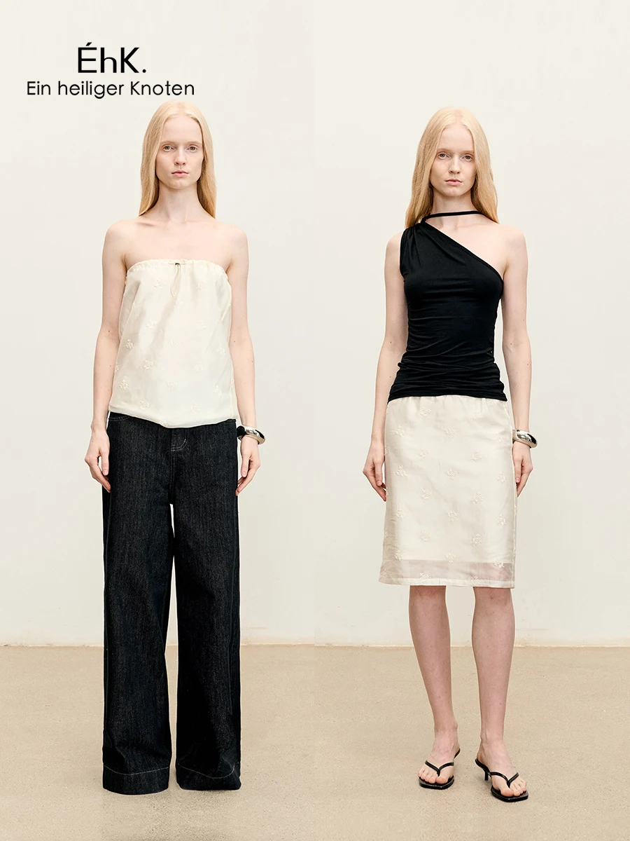 

EhK Breathable Embroidered Strapl Top Versatile Straight Leg Skirt Original Design Summer Outerwear Women's Faion