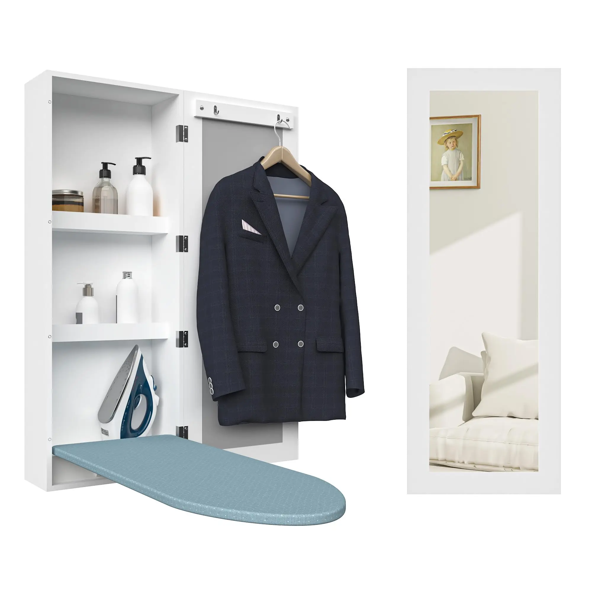 

Wall Mounted Ironing Board Cabinet with Mirror Door - Built-in Foldable Board & Storage for Home, White
