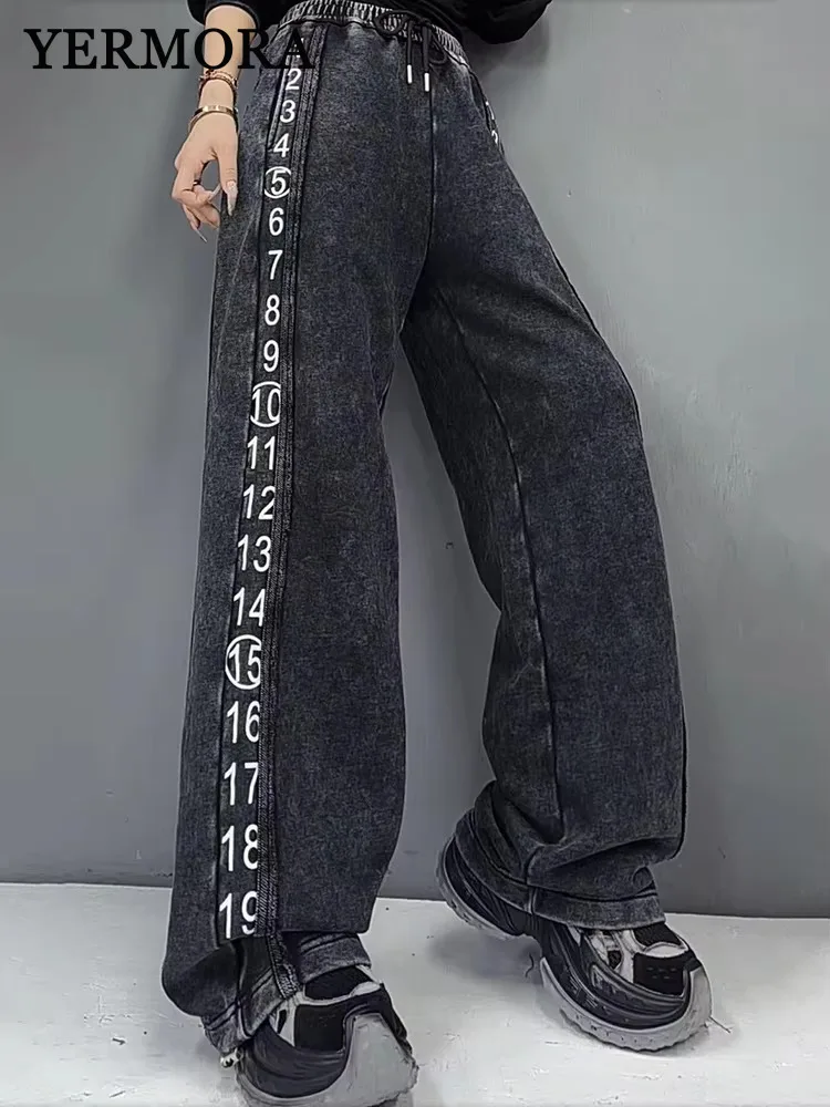 YERMORA Black High Drawstring Elastic Waist Side Numbers Wide Leg Jeans New Women Trousers Fashion Tide Spring Autumn 2025 A656