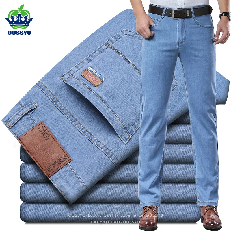 

Good Quality Summer Thin Men's Jeans Light Blue Straight Elastic Cotton Denim Pants Work Business Trousers Man Plus Size 40