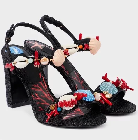 

Bohemian Style Shell Rhinestone Round Toe Summer Women Sandals Chunky High Heels Buckle Strap Design Large Size Leisure Shoes