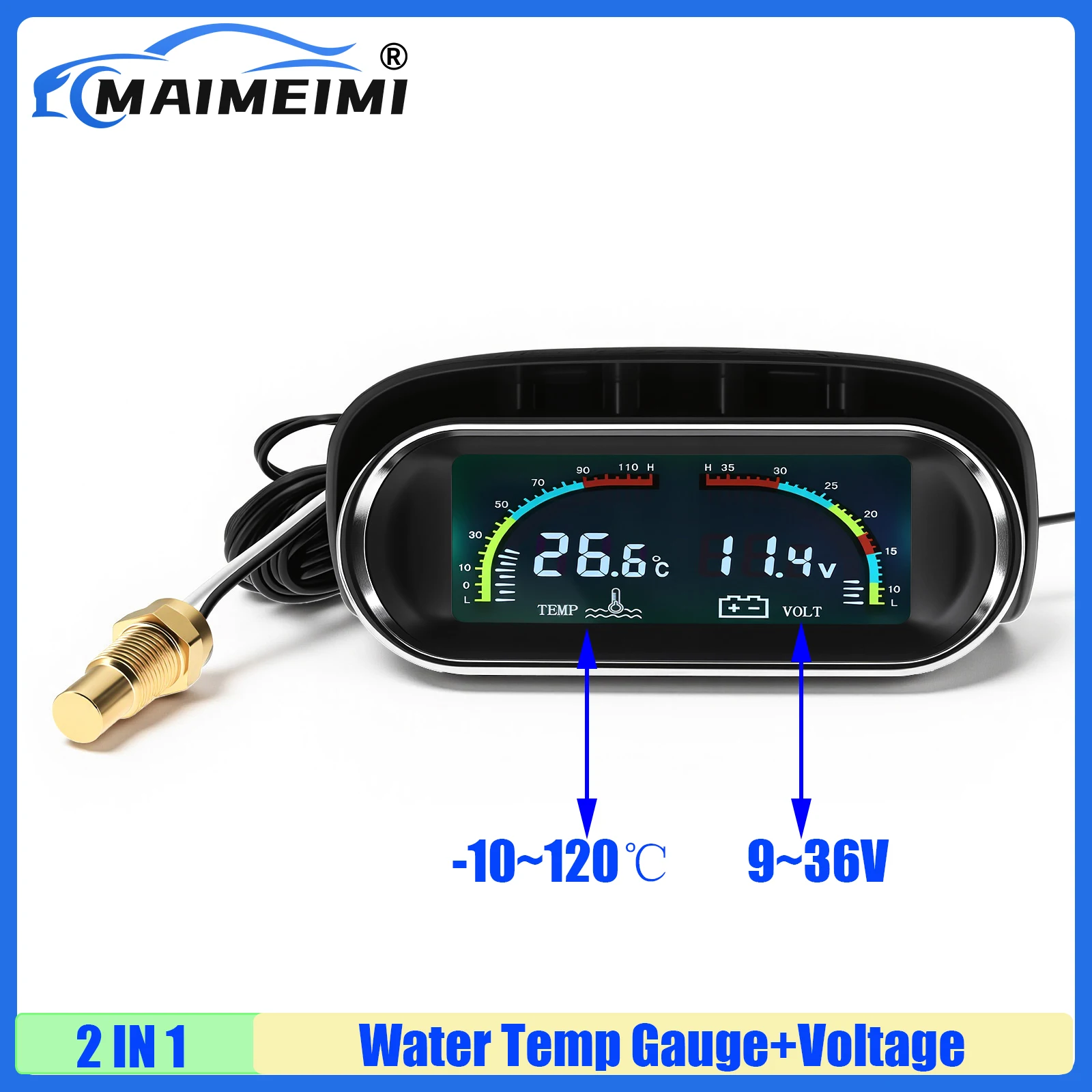 Digital Dual LCD Gauge -10~120℃ Water Temperature Gauge+Voltage 9-36V with Flashing ALarm For Universal Auto Car Truck 12V24V
