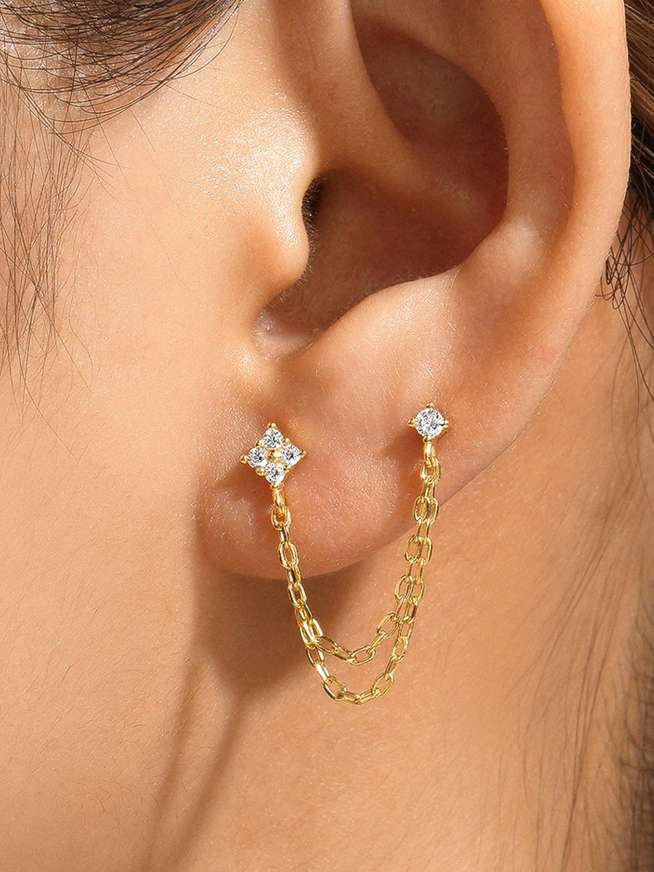 ROXI 1 Stück S925 Silber Verbundene Kette CZ Tragus Stud Doppelketten-Knorpelpiercing Einfacher Eleganter Ohrring für Tägliche Anlässe – Detail 6