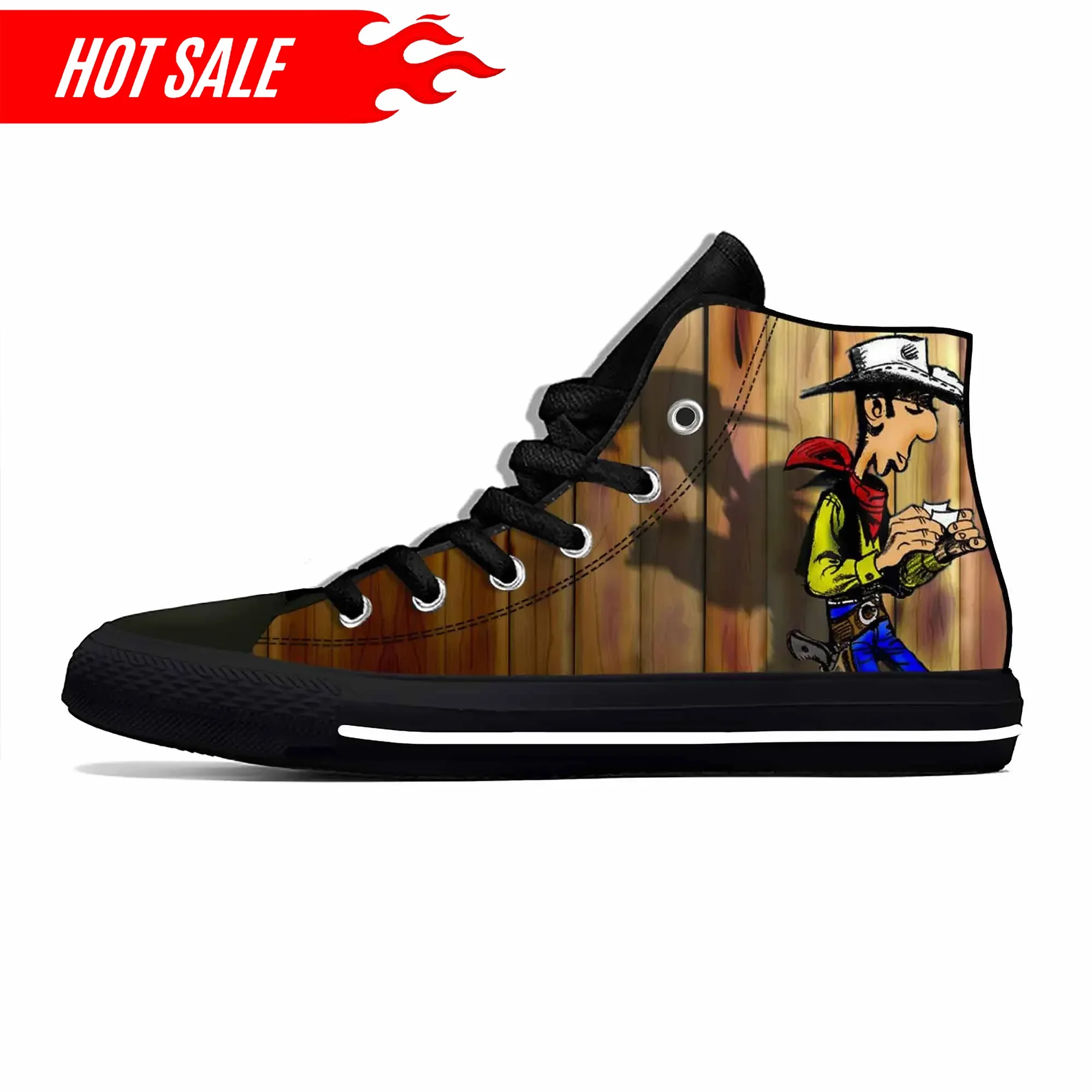 Lucky luke anime dos desenhos animados mangá quadrinhos cowboy engraçado sapatos de pano casuais alta superior leve respirável impressão 3d tênis das mulheres dos homens