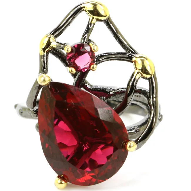 Anillos Neo-Góticos de 25x20mm con Turmalina Rosa Frambuesa, Topacio Ahumado, Peridoto, Topacio Azul Londres, Chapados en Oro Negro y Plata