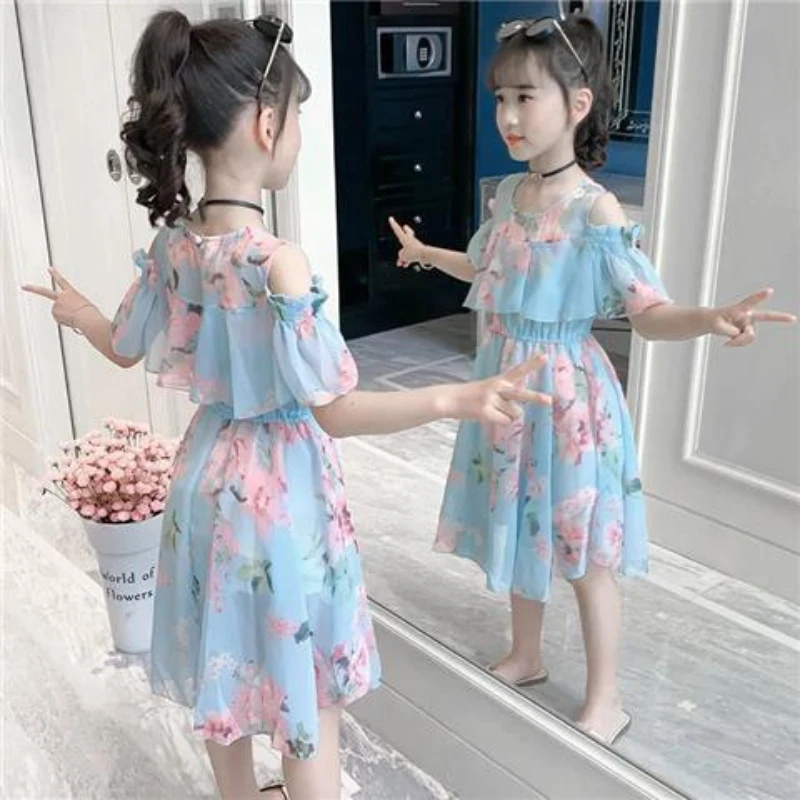 Children\'s Clothing Girls Summer Dress Fashion Chiffon Party Princess Dresses Super Fairy Casual Kids 10 12 Years Teenag Clothes