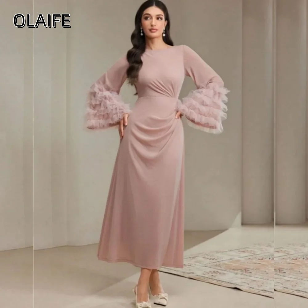 

Chiffon Customized A-line Tea length Homecoming Dress Draped O-Neck Pleat Long Sleeve Ruched Party Dresses vestidos de gala