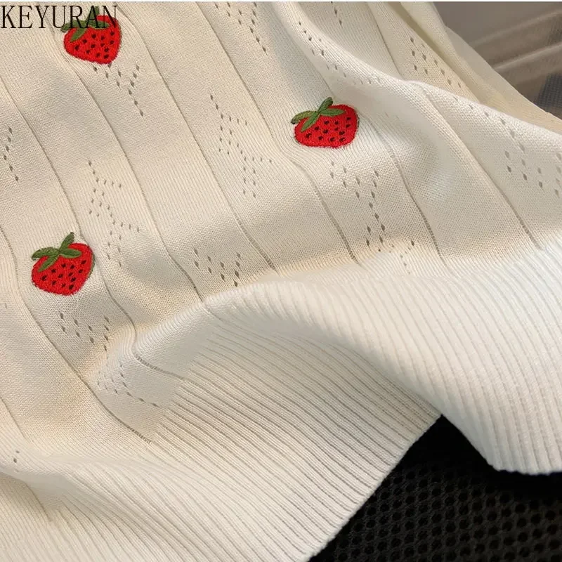 2024 New Summer Strawberry Embroidery Hollow Out Sweater Women Knitted T-Shirt White Short Sleeve Thin Knitwear Tops Tees Female