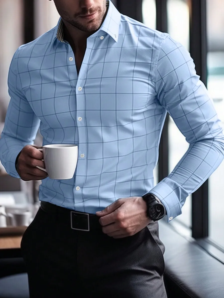 

Men's Light Blue Grid Pattern Long Sleeve Button-Down Casual Shirt