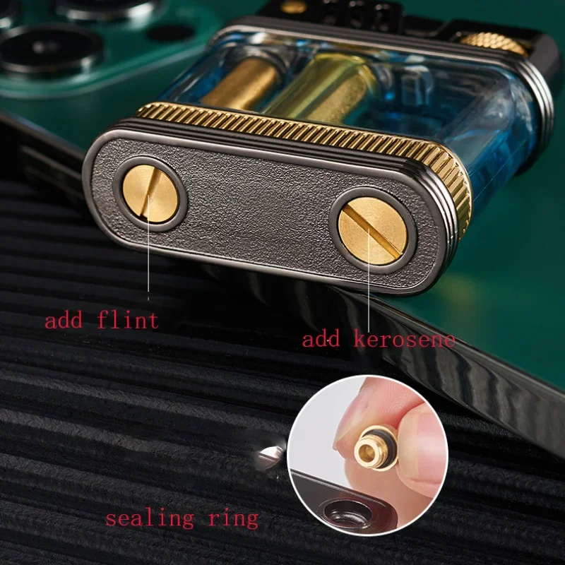 New Kerosene Lighter Retro Transparent Metal Gasoline Cigarette Lighter Grinding Wheel Windproof Steel Gasoline Lighter