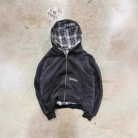 American Retro Plaid Sweatshirt Solid Color Lining Y2K Street Style Reversible Plaid Zipper Hoodie Sweatshirt Men Womens Casual