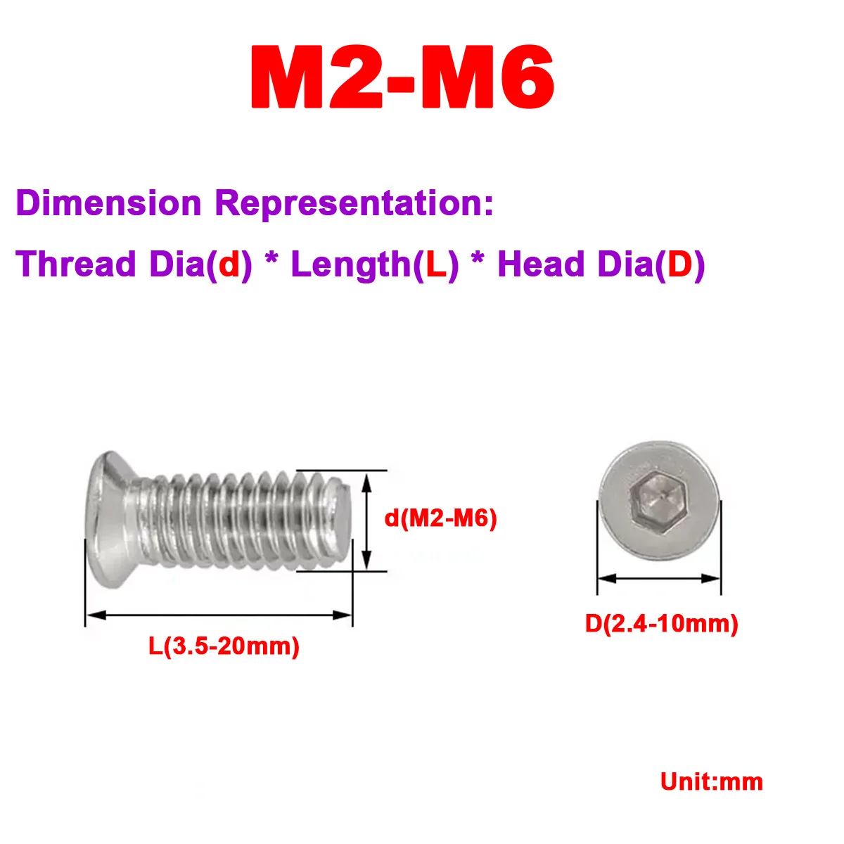 304 Stainless Steel Non-Standard Small Head Diameter Thin Countersunk Head Socket Head Cap Screw M2M3M4M5M6