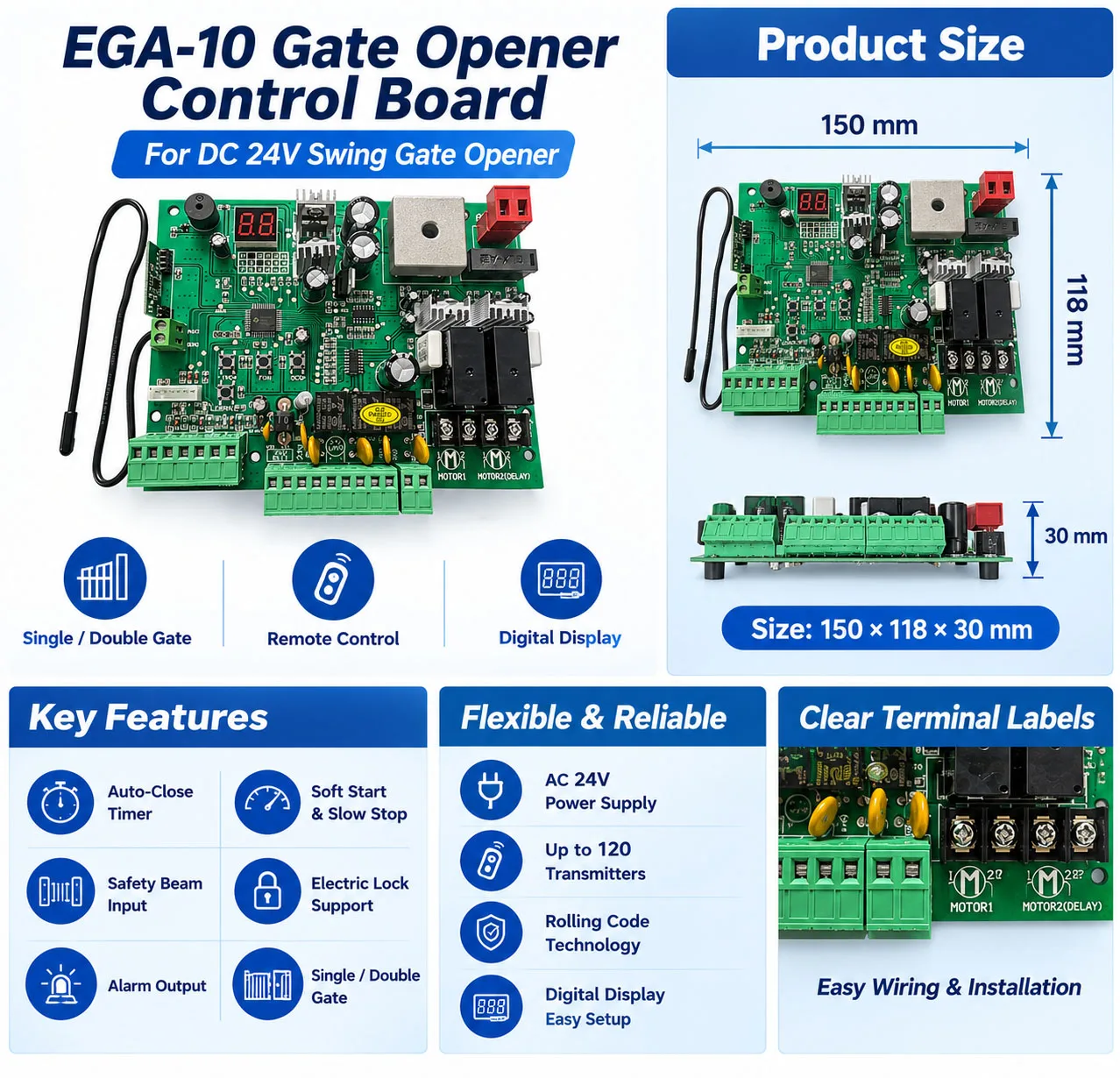 24V Double Swing Gate Opener Control Board with 433.92MHz Remote, Solar/Battery Support, DC12V/24V Output