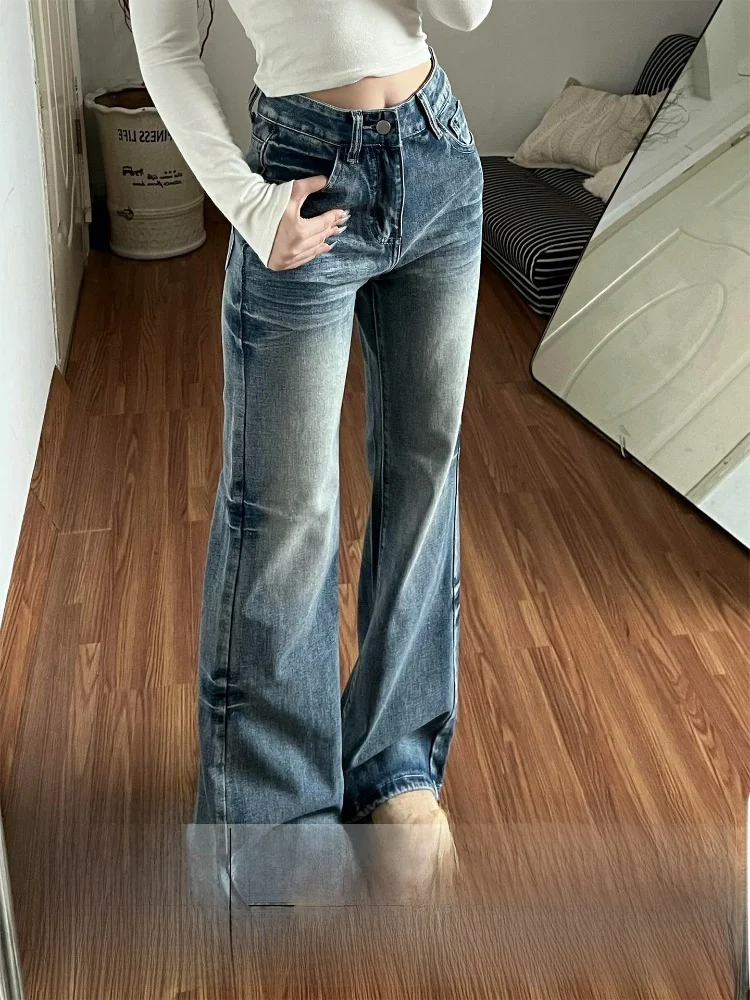 

Женские джинсы с высокой талией и широкими штанинами в американском стиле, осенне-зимние, новые, утягивающие, в стиле High Street, длинные брюки, ретро, расклешенные леггинсы