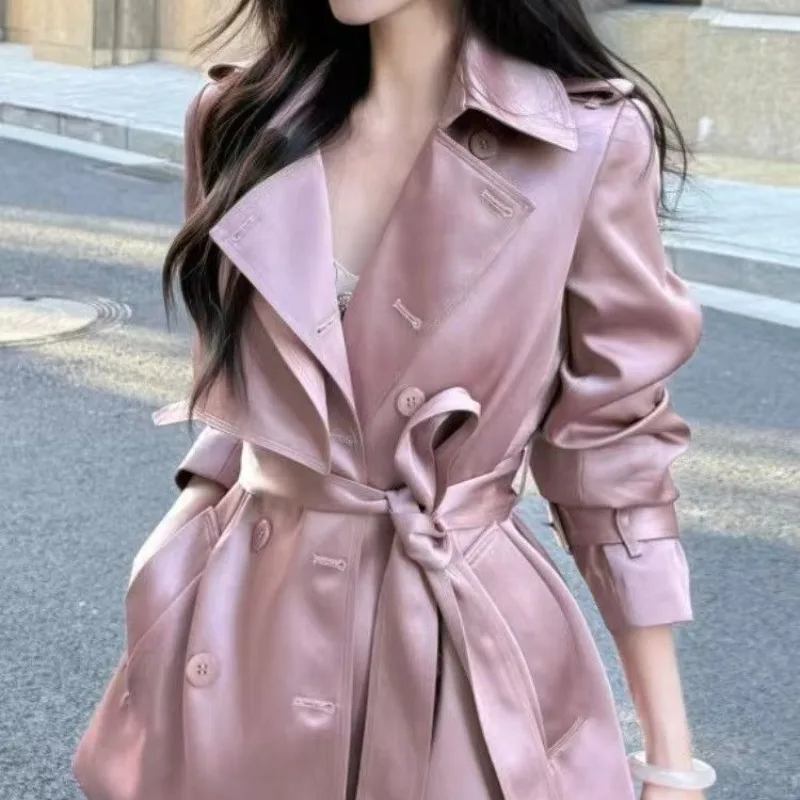 المرأة مسحوق الوردي خندق معطف البريطانية مزدوجة الصدر التلبيب منتصف طول أنيقة مكتب ركاب يندبروف سترة ربيع الخريف #5