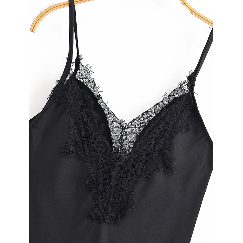 YENKYE nouvelle mode femmes dentelle garniture Satin fronde robe fines bretelles col en V ourlet asymétrique robes Sexy femme noir robes