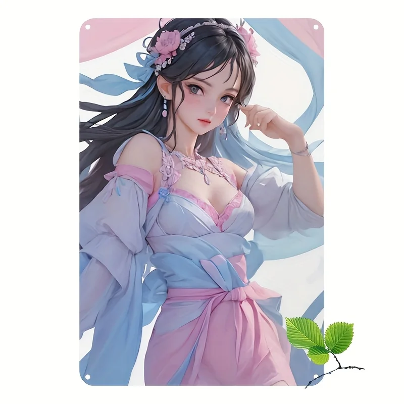 Vintage Anime-Inspired Metal Tin Sign - Waterproof & Dustproof Wall Art, Pink & Blue Traditional Japanese Attire with Floral Ha