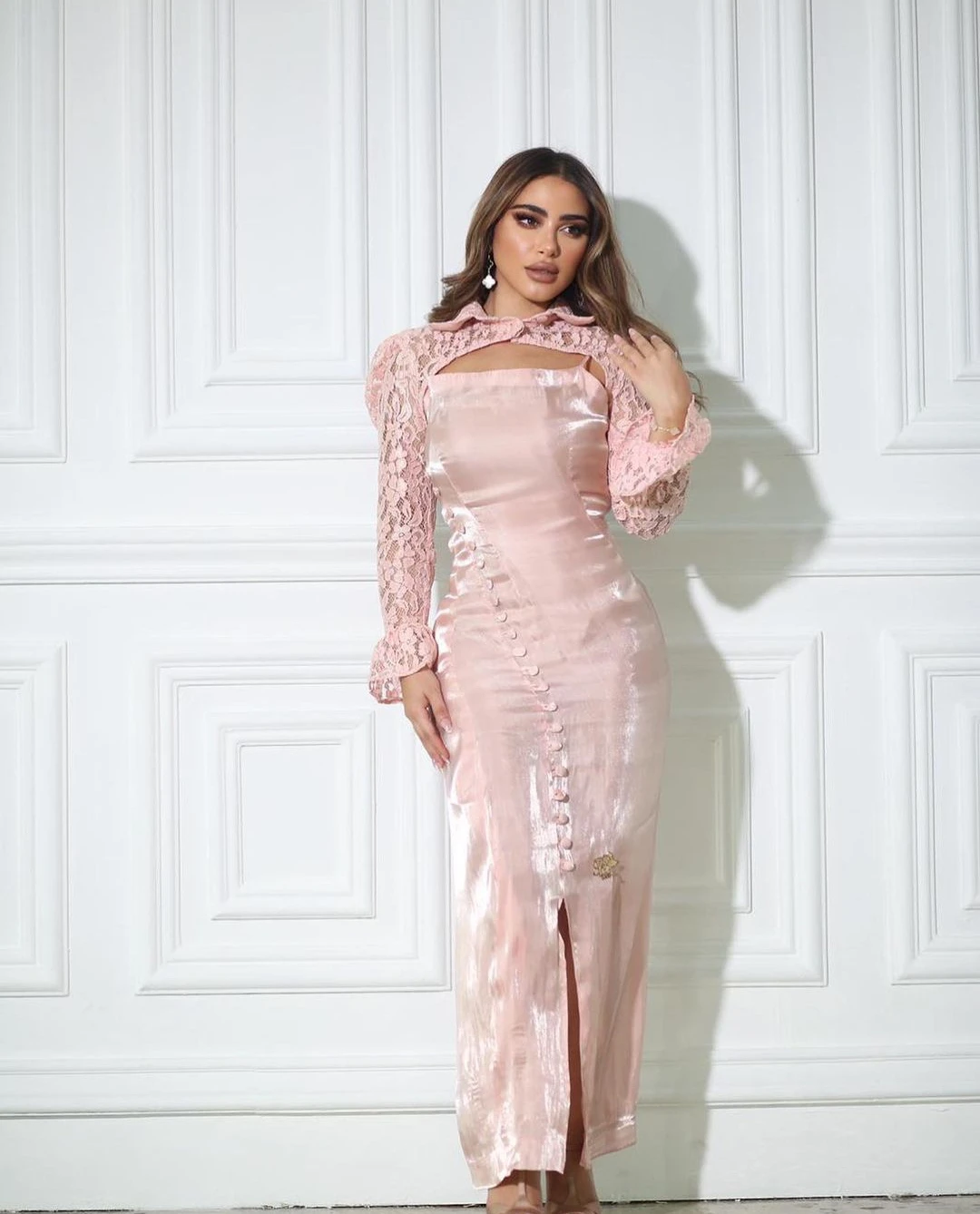 AsaNagi-Vestido cetim rosa para mulheres, botão de espaguete, renda de fenda, vestido elegante, colete de festa, árabe saudita, 2023