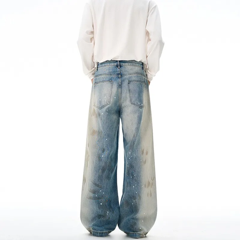 

2025 vintage dirty dye splashed ink design loose jeans for men and women street fashion casual personalized couple pants