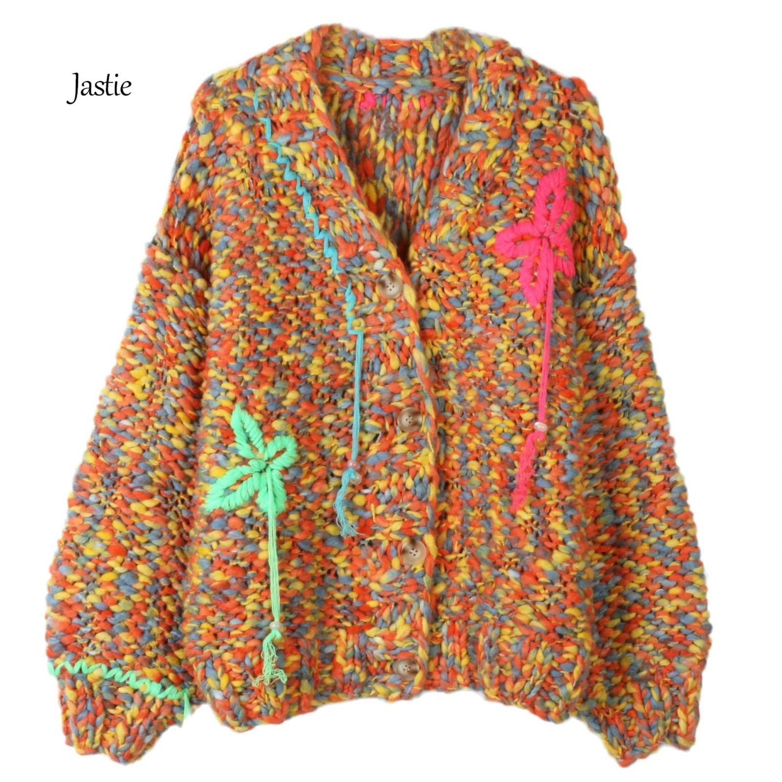 Jastie V-neck Sweater Cardigan Women's Contrast Color Handmade Flowers Loose Fashion 2024 Autumn And Winter New Sweater Jacket