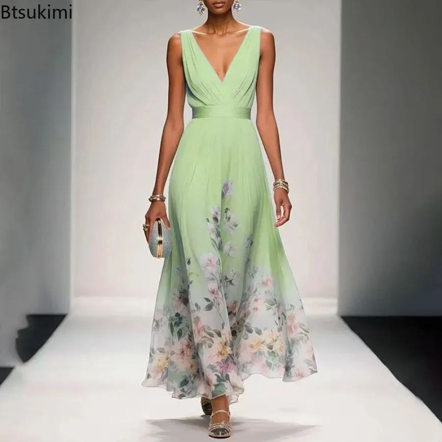 Neue Modische Partykleider Sommer Damen Sexy Tiefer V-Ausschnitt Blumendruck Rüschen Ärmellos Hohe Taille A-Linie Strandkleid Vestidos