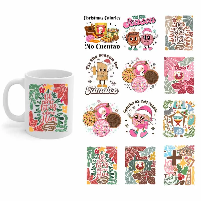 6Sheets 3D Christmas Christ Snacks Transfer Sticker Mug Cup Libbey Glass Cup Waterproof Decals DIY