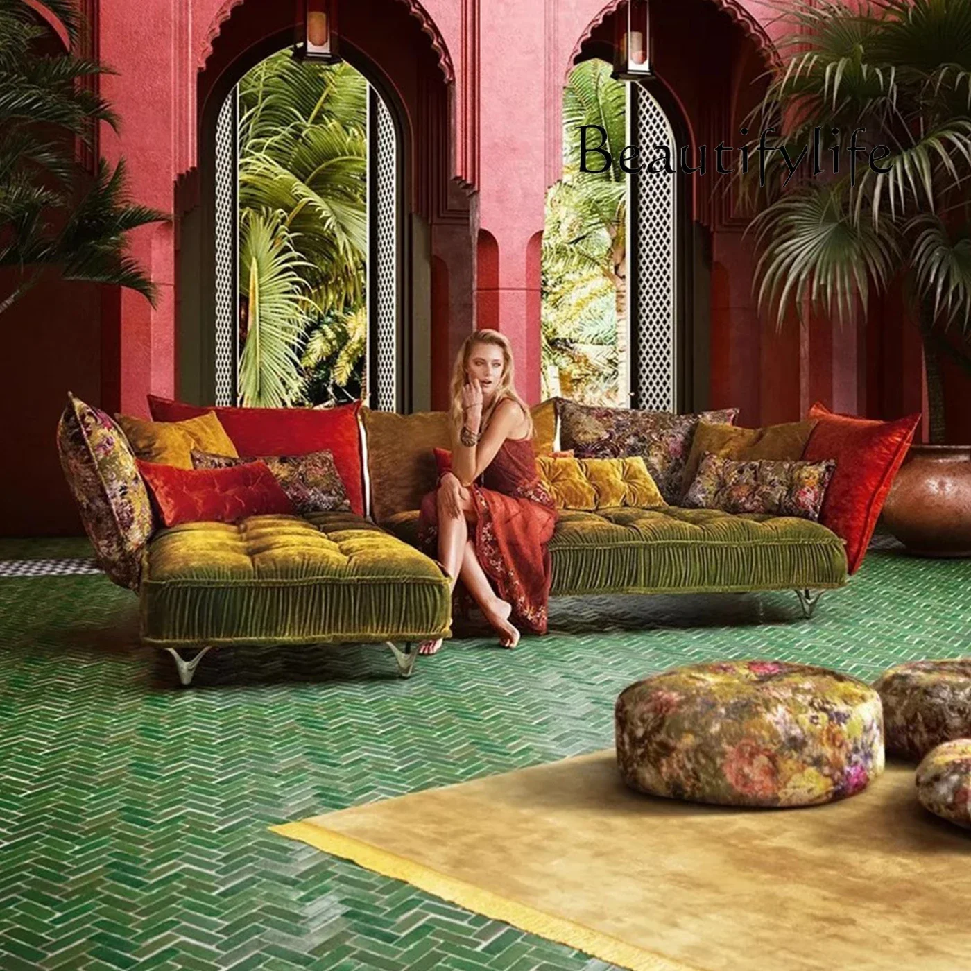 

SS French Modern Simple Light Luxury Special-shaped Retro Pattern Fabric Corner Combination Sofa