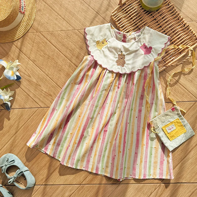 

Летнее корейское детское платье 2026 года с цветочным воротником и вышивкой медвежонка, полосатый жилет, детская юбка для девочек