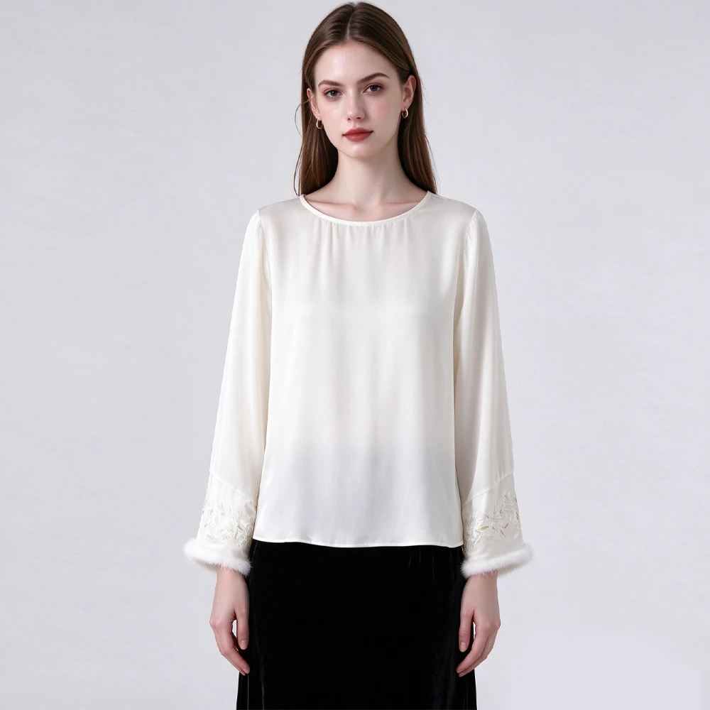 2026 Women's Fashion Autumn New 30% Natural Mulberry Silk Velvet (Sleeves Mink Fur) Versatile Round Neck Long Sleeve Top