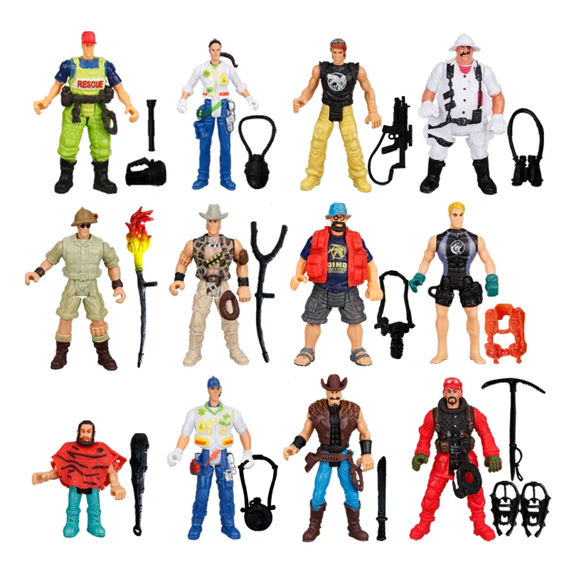 12Pcs Explorer Hunter Doctor Nurse Diver Firemen Savage Soldier Action Figures Playset Toy Realistic for Children Boy Kid Gifts