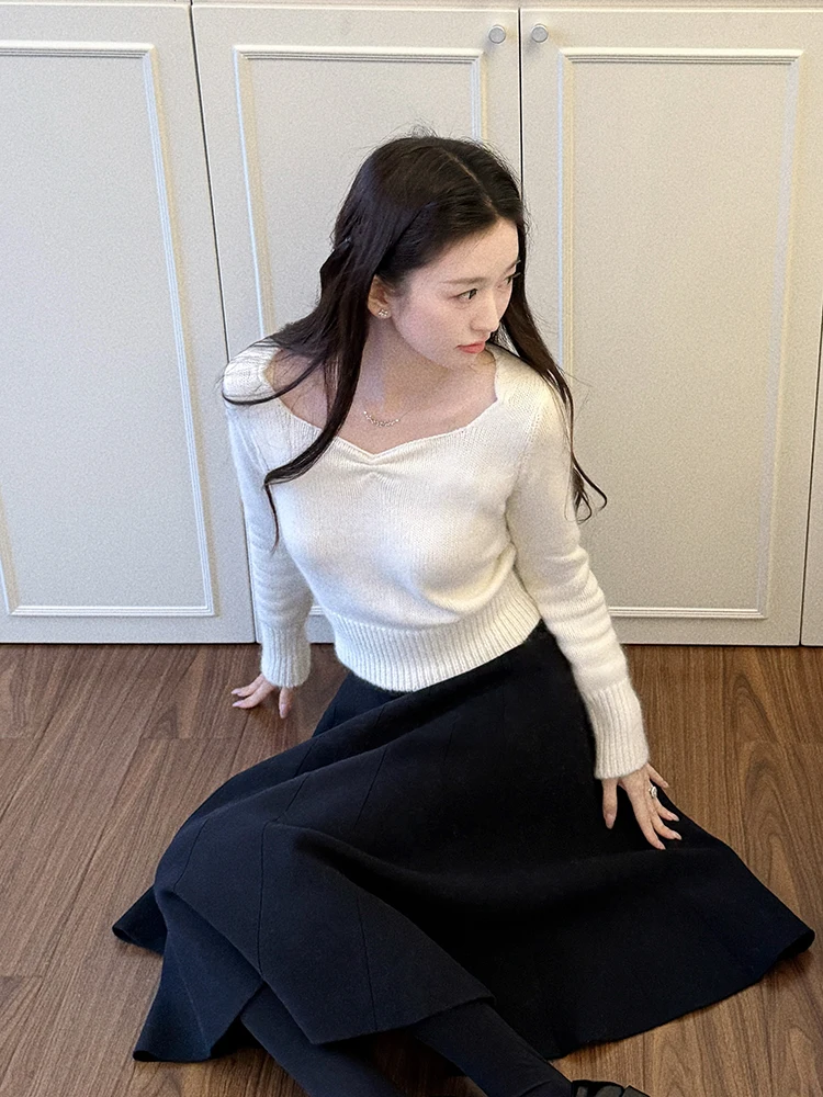 

Bla Knitted Mid-Length A-Line Skirt for Women High Waist Autumn Winter New Sle Simple Cotton Casual A-Word Skirt