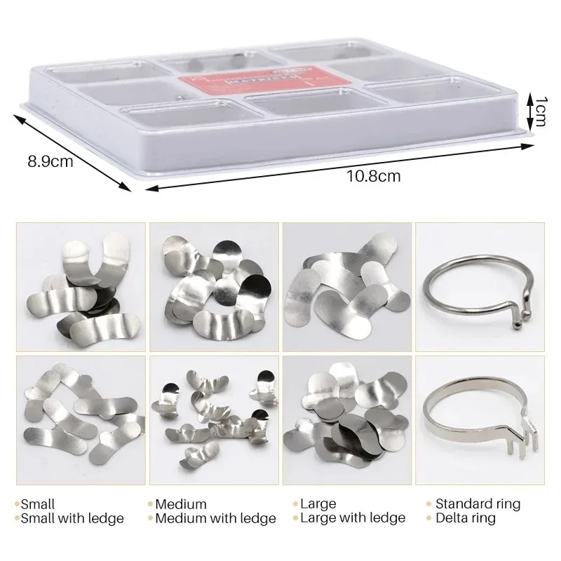 

100pcs Dental Matrix System Sectional Contoured Metal Bands, with Autoclavable Clamping Separating Rings Full Teeth
