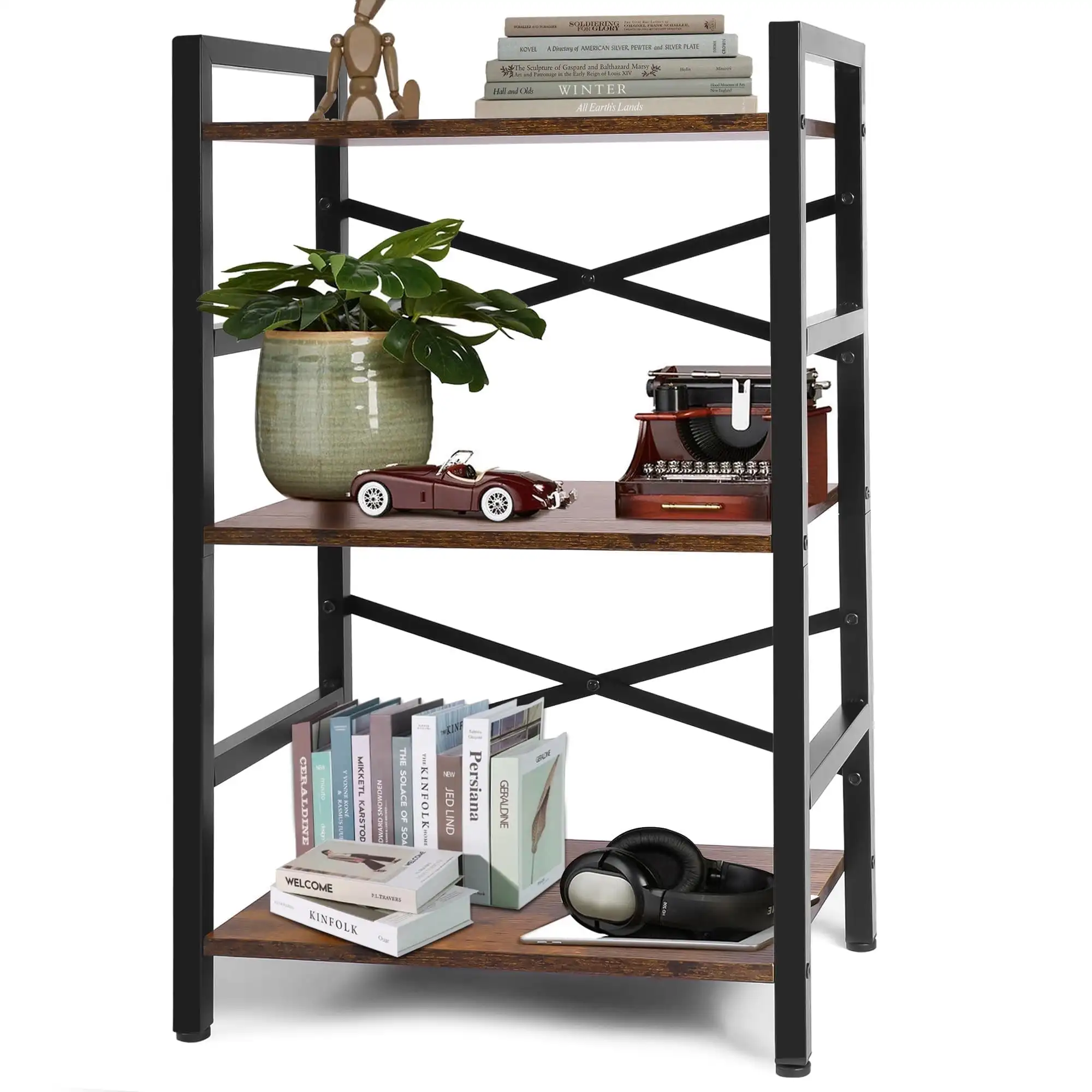 

3 Tier Bookshelf, Industrial Small Bookcase Storage Organizer for Living Room, Bedroom