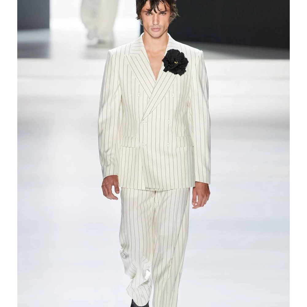 

Vintage Gentleman Men's White Pinstripe Suit 2 Piece Jacket Pant Sets Double-Breasted Notch Lapel Widding Party Male Outfits