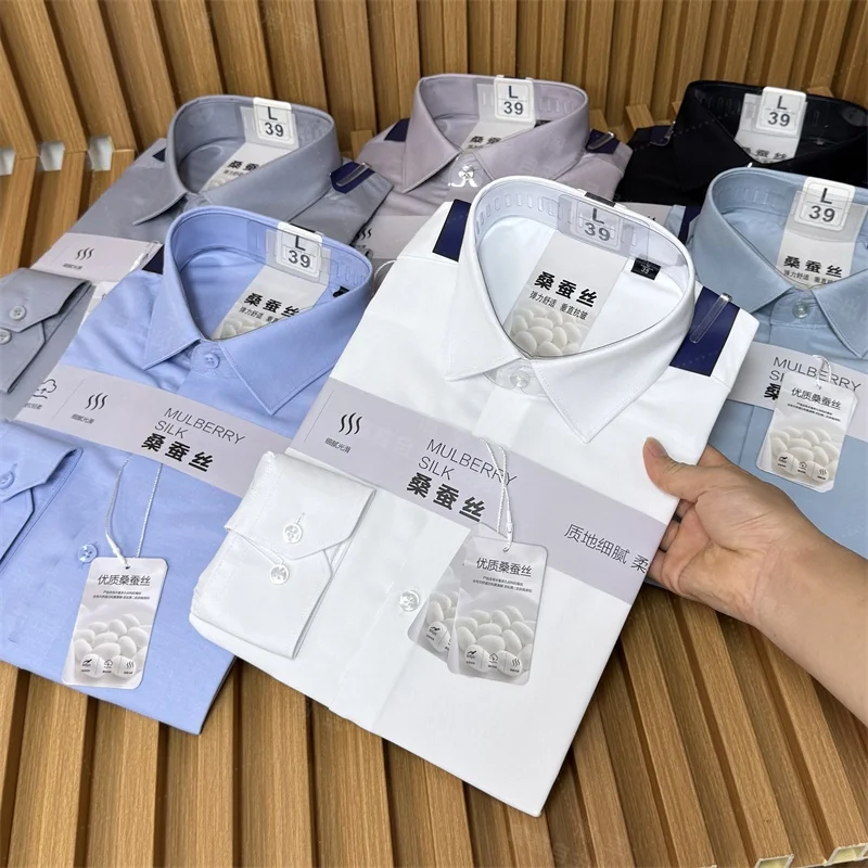 

High-End Silk Modal Blend Long Sve Casual Busin Men's irt Comfortable Breathable Stand Fit Autumn New Sle