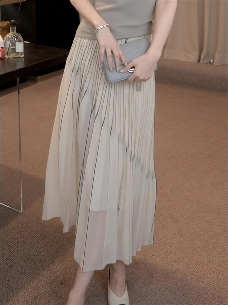 Long Line Color Block Mesh Half Skirt Women's Gown Skirt High Waist Pleated Summer New Style Fairy Tale Forest System Skirt