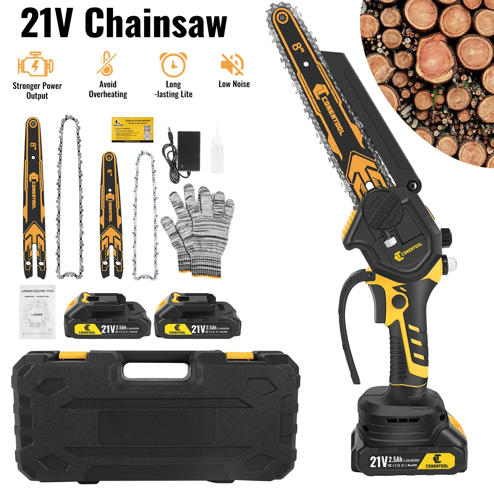 CONENTOOL Mini Chainsaw 8+6 Inch, 21V Cordless Electric Chain Saw with 2 Batteries, Handheld Wood Cutting Pruning Power Tool Set